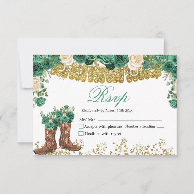 Western Green Hunter Charra Mis Quince RSVP Card (Front)