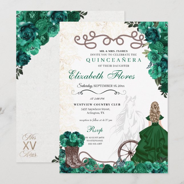 Western Green Princess Floral Charra Quinceañera Invitation (Front/Back)