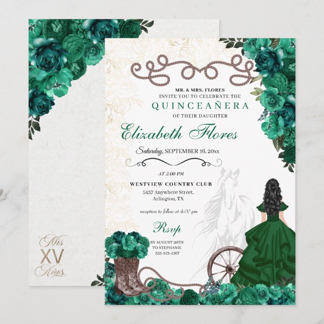Western Green Princess Floral Charra Quinceañera Invitation (Front/Back)