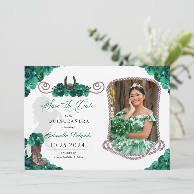 Western Green Quinceañera Save The Date Photo Invitation (Standing Front)