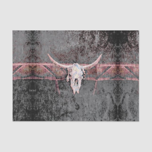 Western Grunge Texture Rustic Grey Pink Bull Skull Tissue Paper (Front)