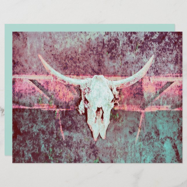 Western Grunge Texture Rustic Teal Bull Skull (Front/Back)