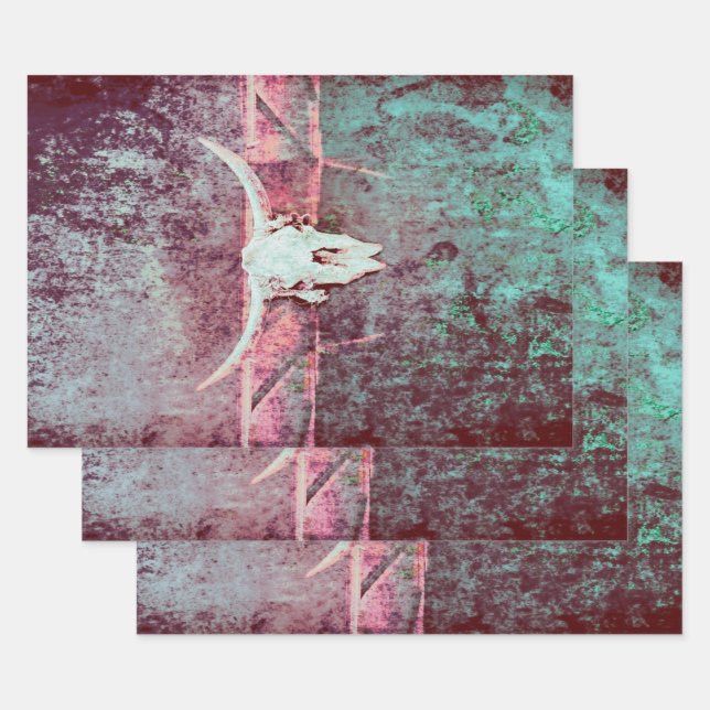 Western Grunge Texture Rustic Teal Bull Skull Wrapping Paper Sheet (Set)