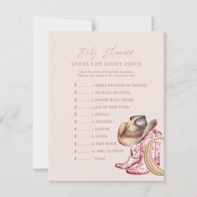  Western Guess the Price Baby Shower Game card (Front)