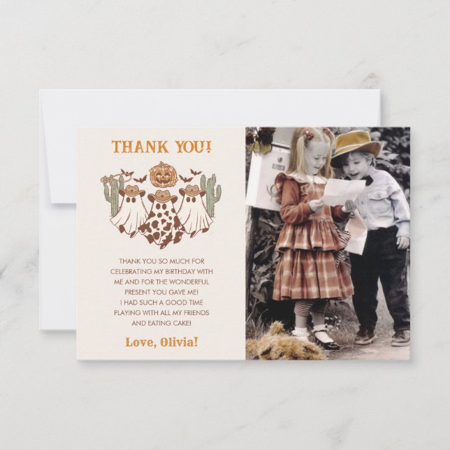 Western Halloween Cowboy Birthday Party Photo Thank You Card (Front)