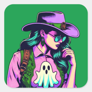 Western Halloween Cowgirl Ghost Pop Art Stickers