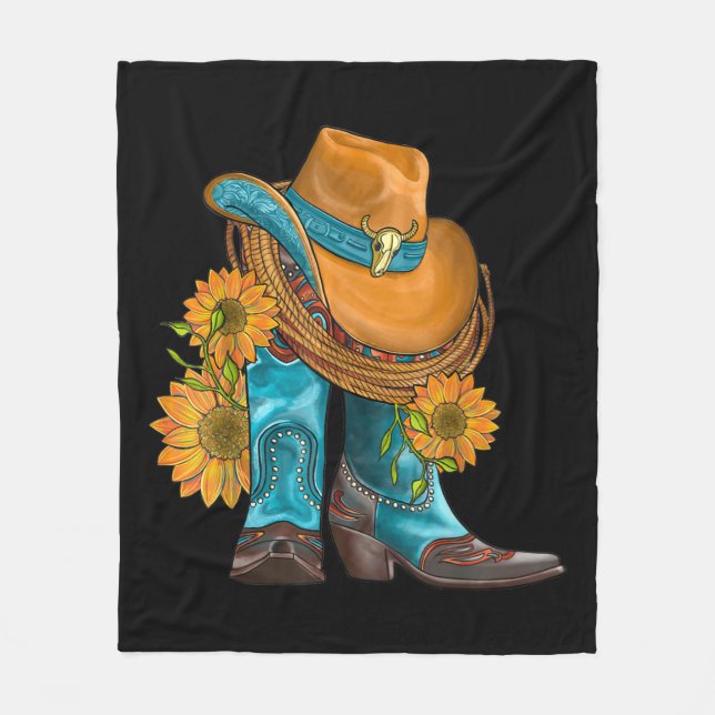 Western Hat And Cowboy Boots With Sunflowers Fleece Blanket (Front)