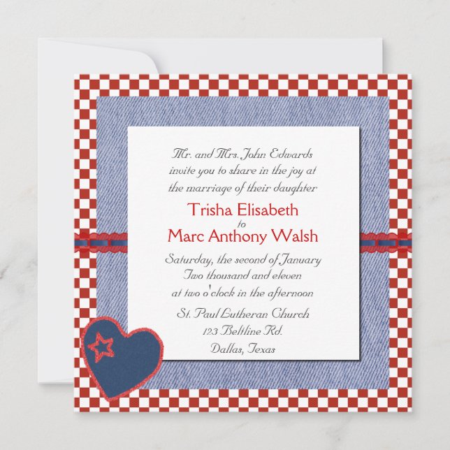 Western Heart and Checks Wedding Invitation (Front)
