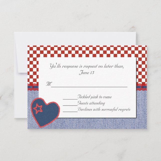 Western Heart and Checks Wedding RSVP Card (Front)