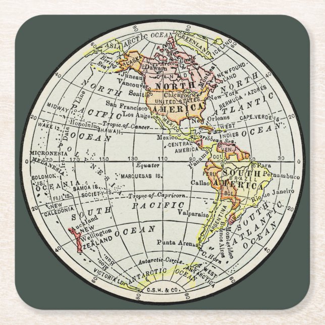 Western Hemisphere Map Globe Travel Square Paper Coaster (Front)