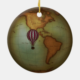 Western Hemisphere Steampunk Map & Hot Air Balloon Ceramic Tree Decoration