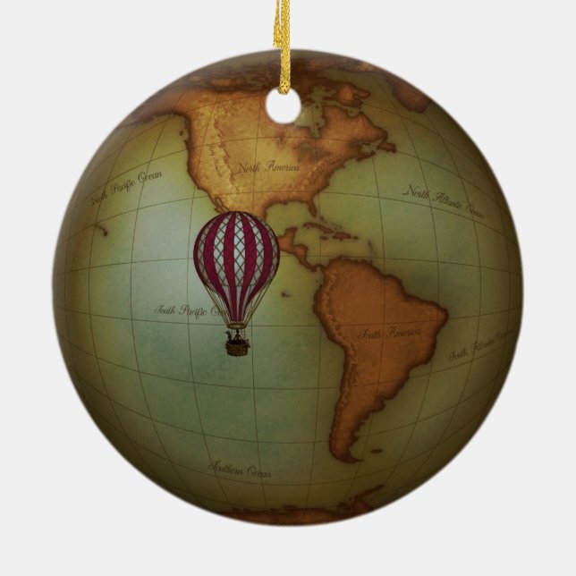 Western Hemisphere Steampunk Map & Hot Air Balloon Ceramic Tree Decoration (Back)