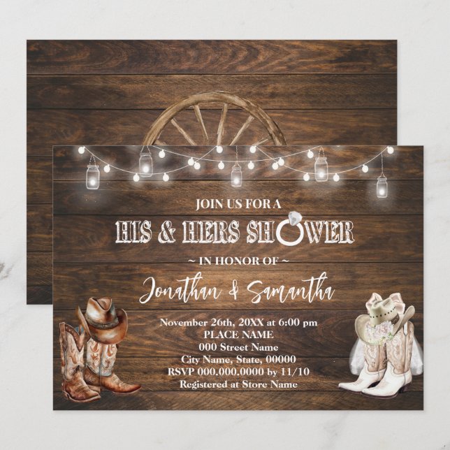 Western His and Hers Wedding Shower Cowboy Boots Invitation (Front/Back)