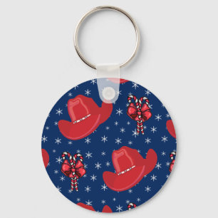 Western Holiday Cowboy Hats And Candy Canes Key Ring