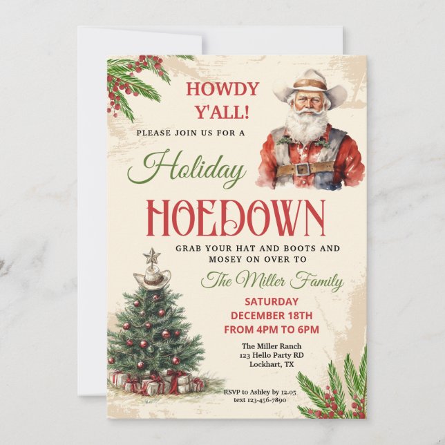Western Holiday Hoedown Invite, Cowboy Santa, Xmas Invitation (Front)