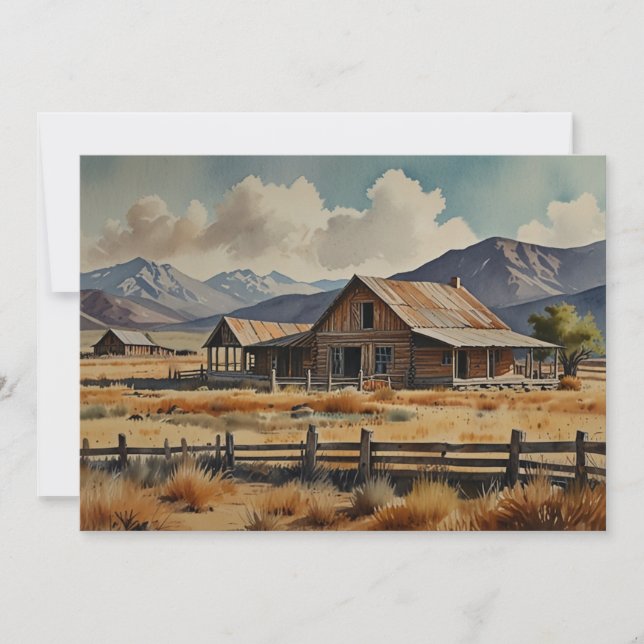 Western Homestead Ranch Farm Watercolor Painting Holiday Card (Front)