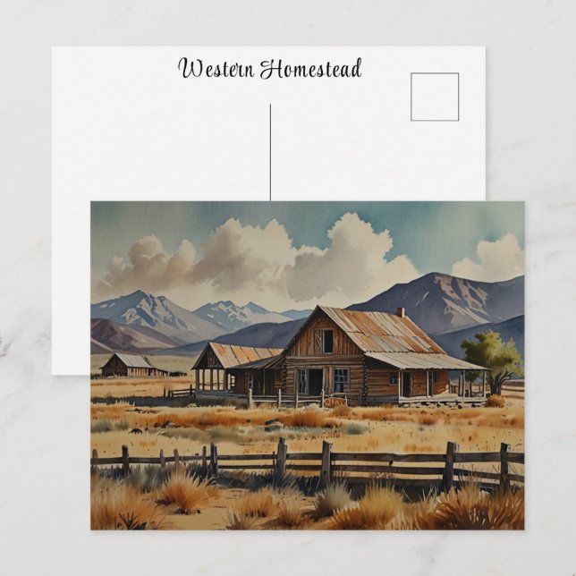 Western Homestead Ranch Farm Watercolor Painting Postcard (Front/Back)
