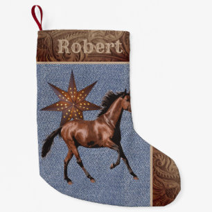 Western Horse and Star With Faux Leather/Denim Small Christmas Stocking