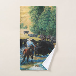 Western horse/black Angus cattle herd/cowboy Hand Towel