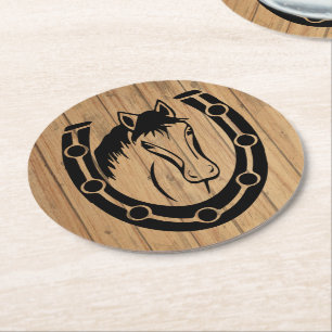 Western Horse Country Wedding Horseshoe  Wood Round Paper Coaster