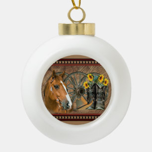 Western Horse Cowboy Boots Cowboy Hat Wagon Wheel Ceramic Ball Christmas Ornament