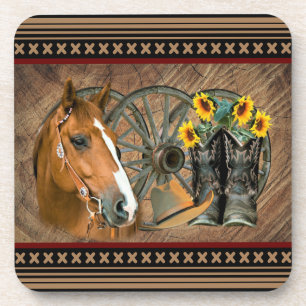 Western Horse Cowboy Boots Cowboy Hat Wagon Wheel Coaster