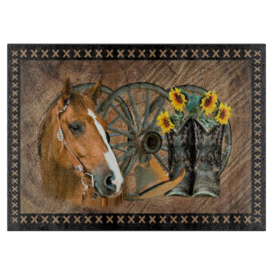 Western Horse Cowboy Boots Cowboy Hat Wagon Wheel Cutting Board
