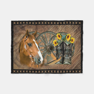 Western Horse Cowboy Boots Cowboy Hat Wagon Wheel Fleece Blanket