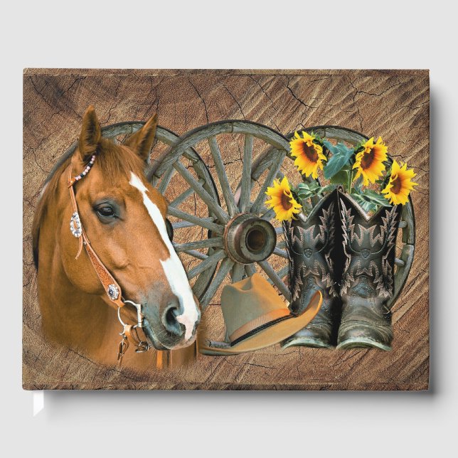Western Horse Cowboy Boots Cowboy Hat Wagon Wheel Guest Book (Front)