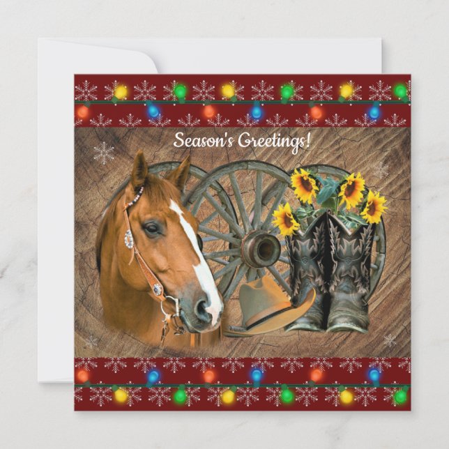 Western Horse Cowboy Boots Cowboy Hat Wagon Wheel  Holiday Card (Front)