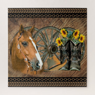 Western Horse Cowboy Boots Cowboy Hat Wagon Wheel Jigsaw Puzzle