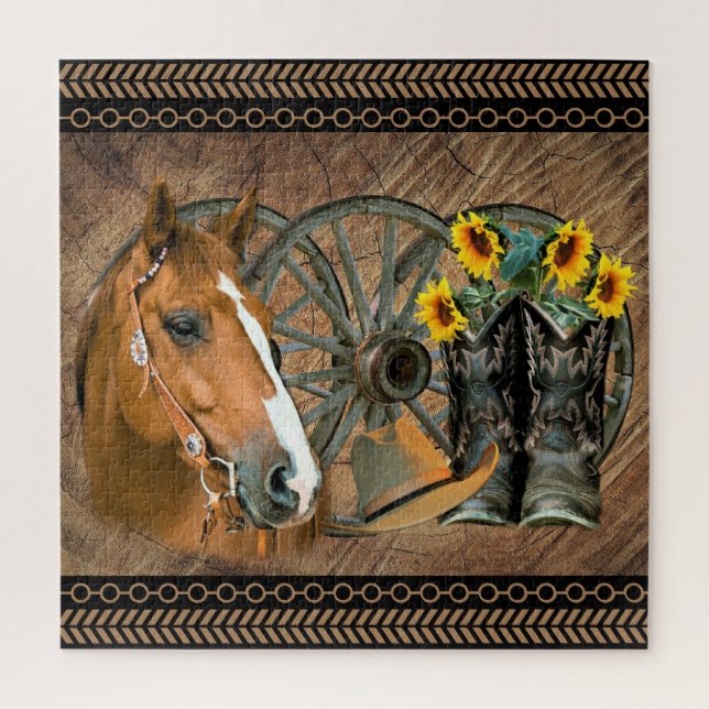 Western Horse Cowboy Boots Cowboy Hat Wagon Wheel Jigsaw Puzzle (Vertical)
