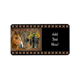 Western Horse Cowboy Boots Cowboy Hat Wagon Wheel Label
