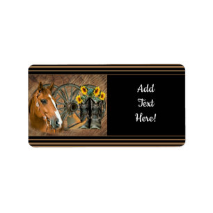 Western Horse Cowboy Boots Cowboy Hat Wagon Wheel  Label