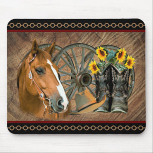Western Horse Cowboy Boots Cowboy Hat Wagon Wheel  Mouse Mat