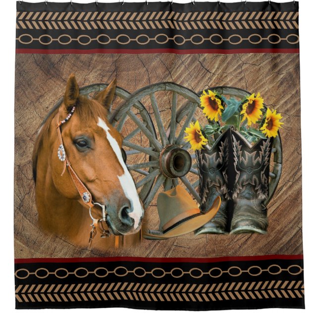 Western Horse Cowboy Boots Cowboy Hat Wagon Wheel Shower Curtain (Front)