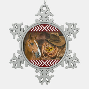 Western Horse Cowboy Boots Cowboy Hat Wagon Wheel Snowflake Pewter Christmas Ornament