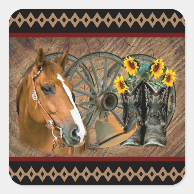 Western Horse Cowboy Boots Cowboy Hat Wagon Wheel  Square Sticker (Front)