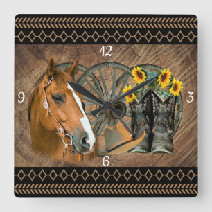 Western Horse Cowboy Boots Cowboy Hat Wagon Wheel  Square Wall Clock