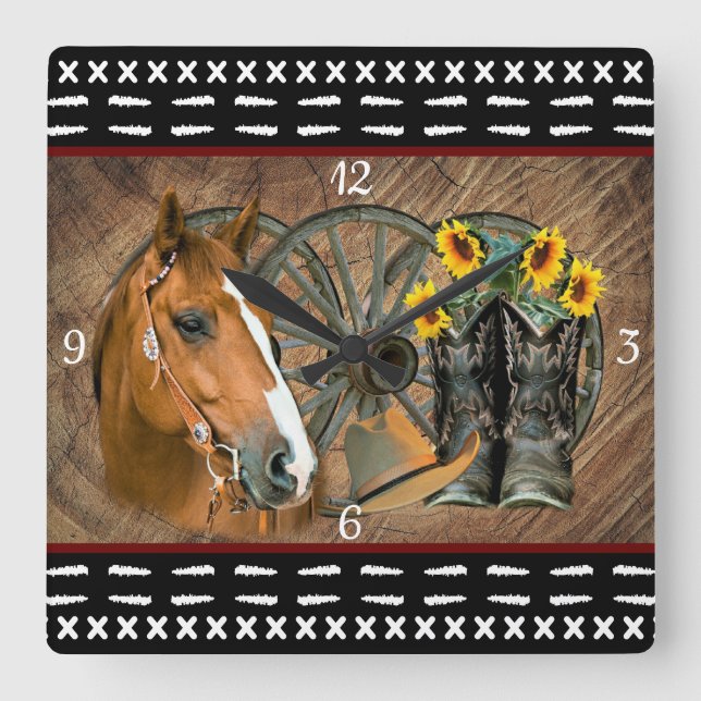 Western Horse Cowboy Boots Cowboy Hat Wagon Wheel Square Wall Clock (Front)