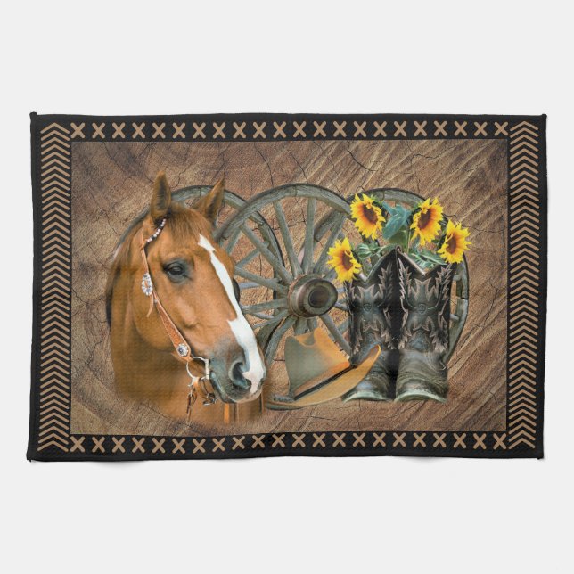 Western Horse Cowboy Boots Cowboy Hat Wagon Wheel Tea Towel (Horizontal)