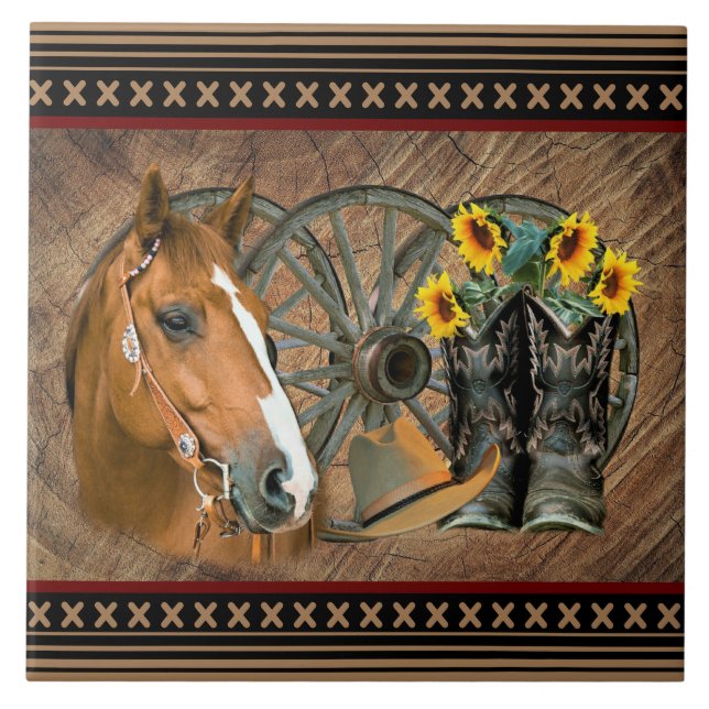 Western Horse Cowboy Boots Cowboy Hat Wagon Wheel Tile (Front)