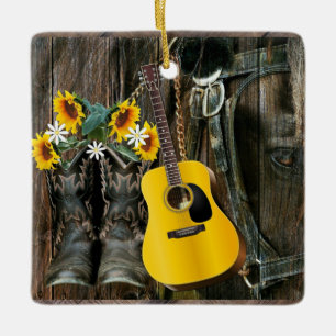 Western Horse Cowboy boots Guitar Sunflowers Ceramic Ornament