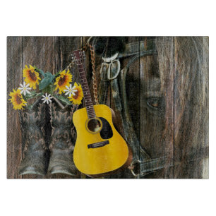 Western Horse Cowboy boots Guitar Sunflowers Cutting Board