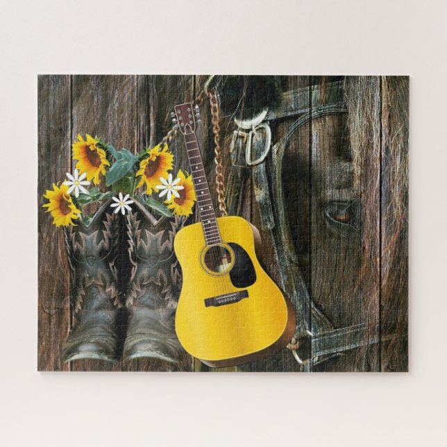 Western Horse Cowboy boots Guitar Sunflowers Jigsaw Puzzle (Horizontal)