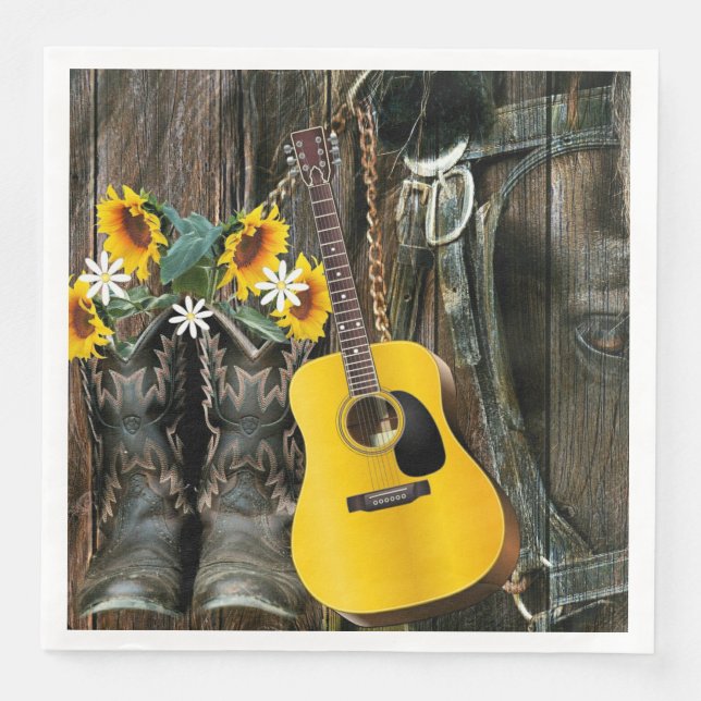 Western Horse Cowboy boots Guitar Sunflowers Napkin (Front)