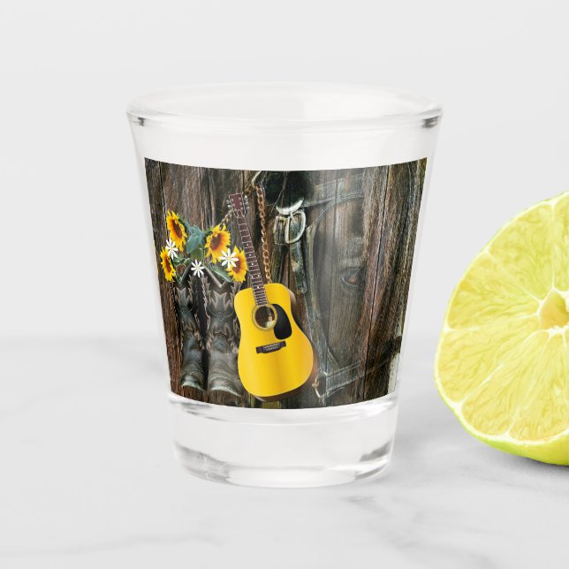 Western Horse Cowboy boots Guitar Sunflowers Shot Glass (Front)