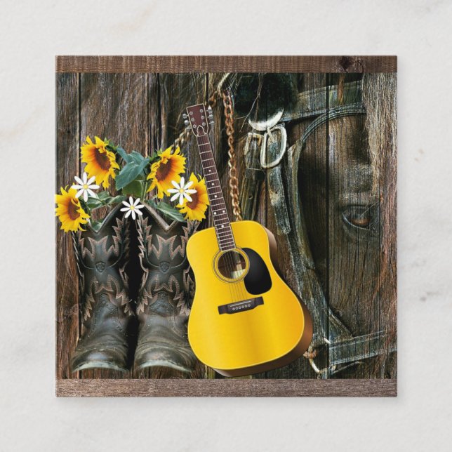 Western Horse Cowboy boots Guitar Sunflowers Square Business Card (Front)