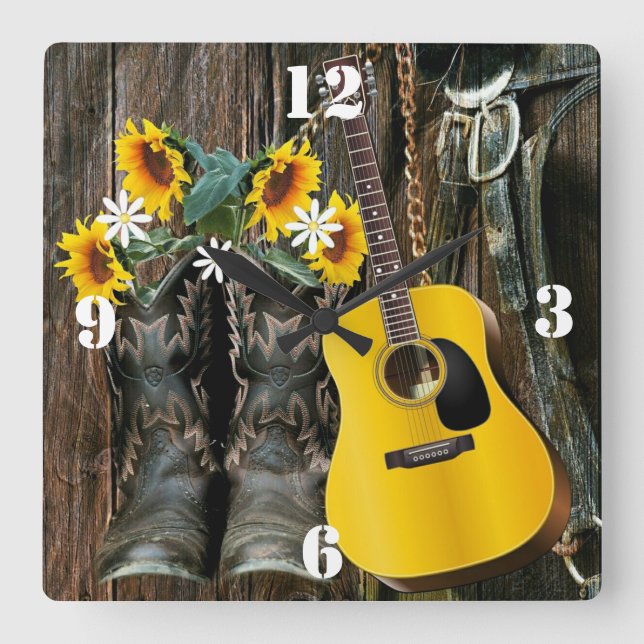 Western Horse Cowboy boots Guitar Sunflowers Square Wall Clock (Front)