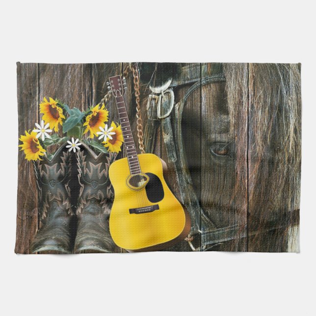 Western Horse Cowboy boots Guitar Sunflowers Tea Towel (Horizontal)